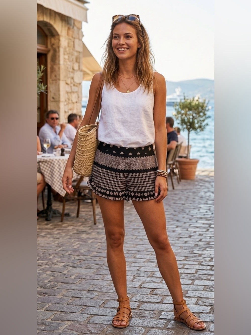 Avec Les Filles Black and Cream Printed Ruffle Hem Shorts
